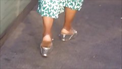 Candid Ebony Mature In Wedge Sandals